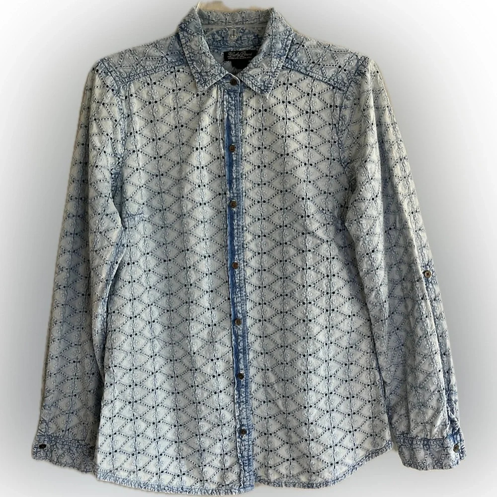 Lucky Brand Women’s Long Sleeve Button Up Denim Wash Cut Out Western Top, M